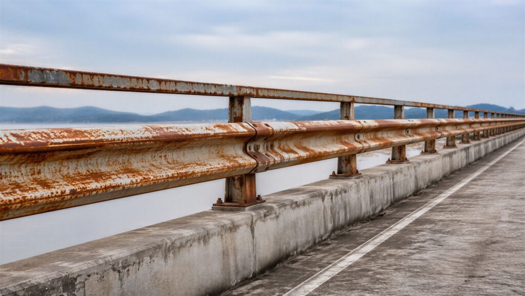 Rusty metal guardrail along a coastal highway. Aging road infrastructure with steel safety barrier showing signs of corrosion. Transportation safety concept on a bridge with copy space.