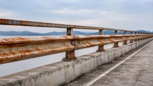 Rusty metal guardrail along a coastal highway. Aging road infrastructure with steel safety barrier showing signs of corrosion. Transportation safety concept on a bridge with copy space.